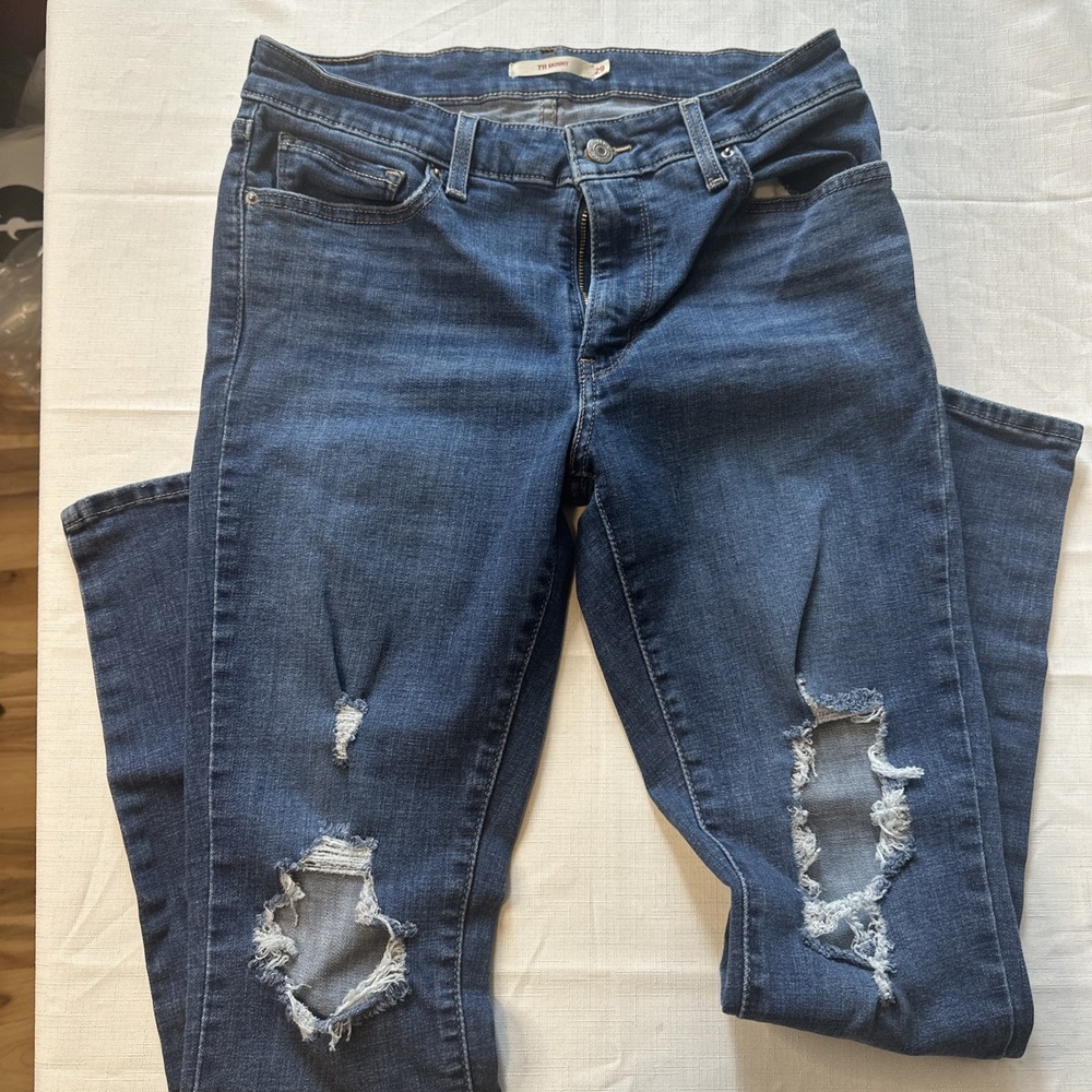 Levis 711 Skinny Jeans Womens 29 Distressed Medium Wash Blue Denim